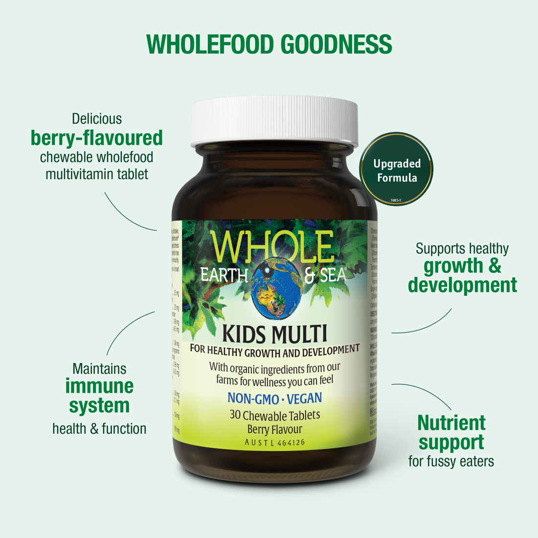 Kids Multi vegan berry-flavored chewable multivitamin with vitamins, minerals, and nutrients for children's health.