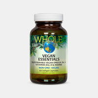Vegan Essentials bottle with plant-based omega-3s, vitamins B12, D, and iodine for sustainable vegan nutrition.