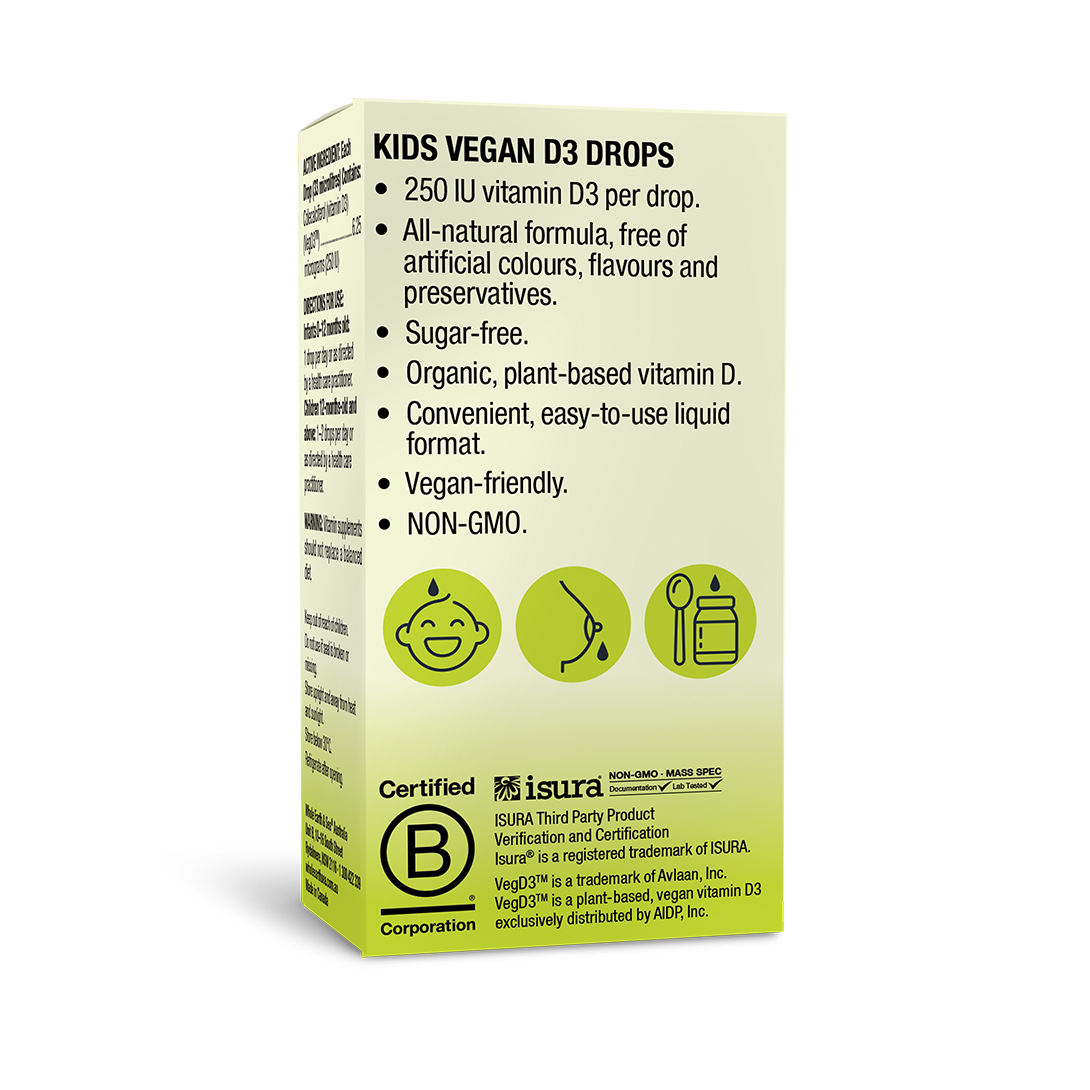 Kids Vegan D3 Drops with 250 IU plant-based vitamin D3 per drop, sugar-free, vegan-friendly, and non-GMO supplement.