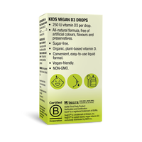 Kids Vegan D3 Drops with 250 IU plant-based vitamin D3 per drop, sugar-free, vegan-friendly, and non-GMO supplement.