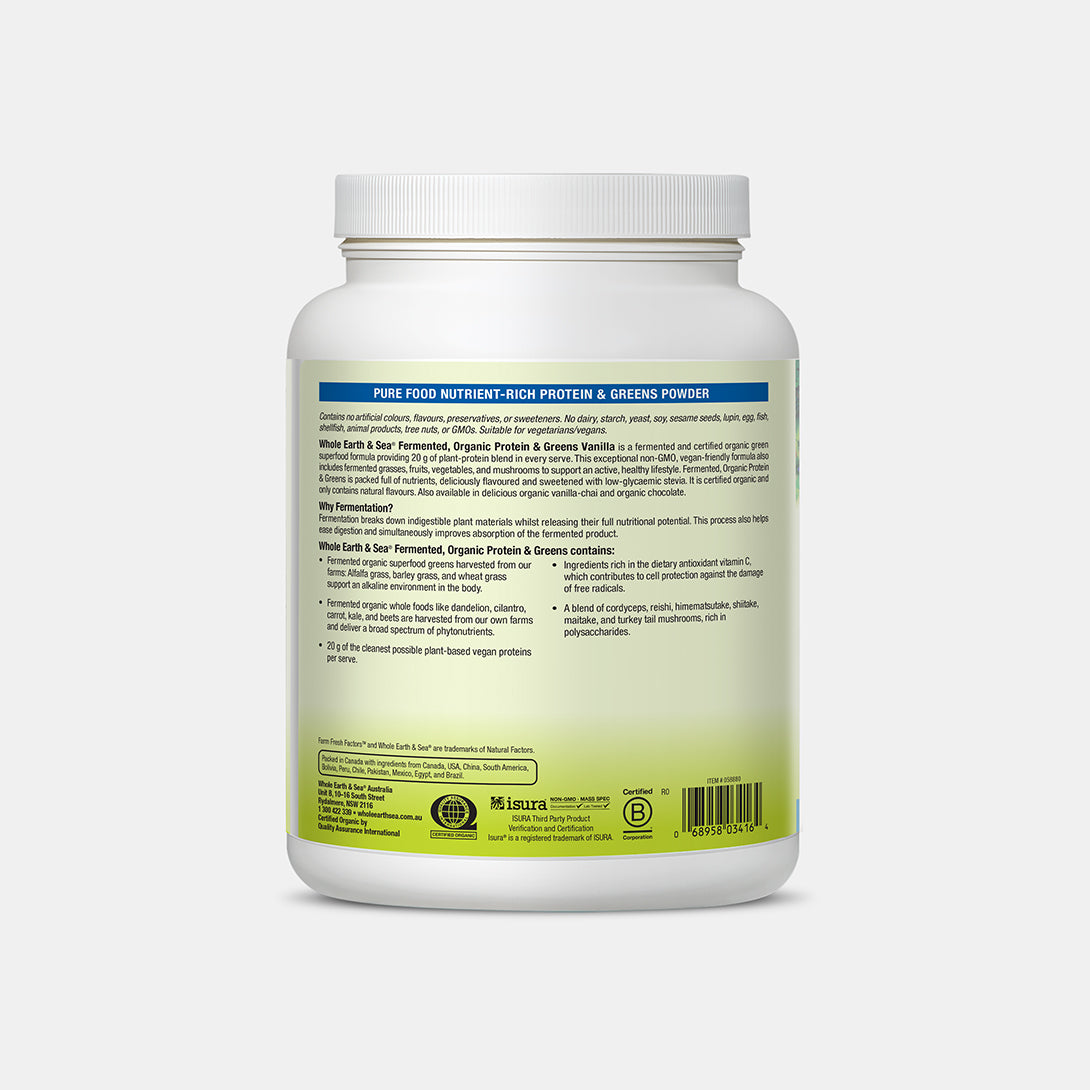 Fermented, Organic Protein & Greens vegan protein powder with fermented grasses, fruits, vegetables, and mushrooms for health.