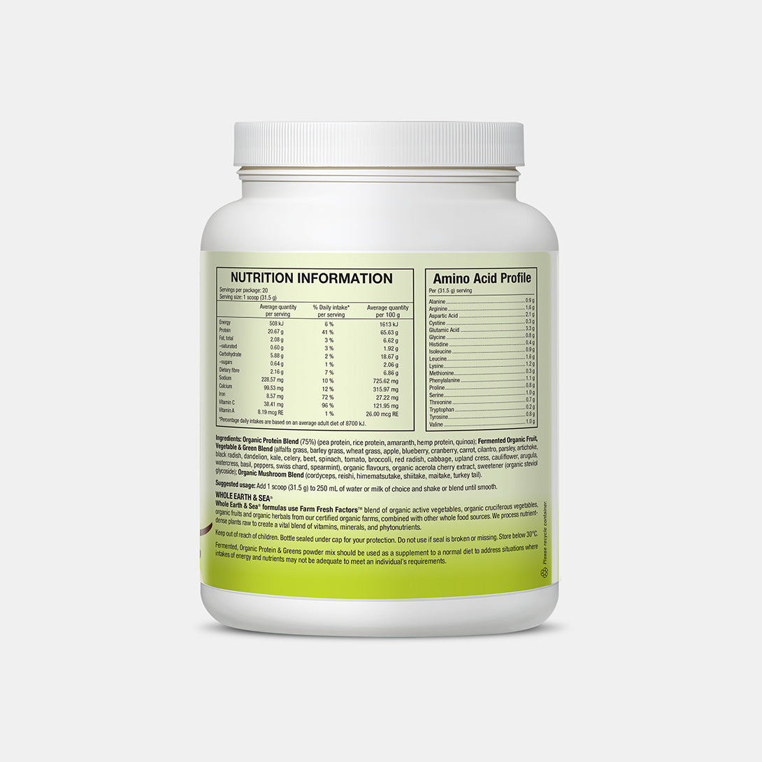 Fermented Organic Protein & Greens container showing nutrition information and amino acid profile on label.