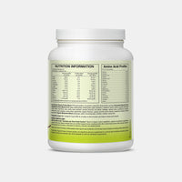 Fermented Organic Protein & Greens container showing nutrition information and amino acid profile on label.
